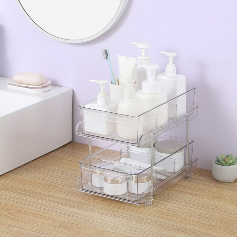 KEGDAN 2 Tier Bathroom Organizer with Dividers, Clear Under Sink Organizers  and Storage with 2 Cups, Multi-Purpose Pull-Out Storage Container for