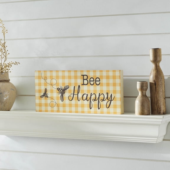 VHC Brands Buzzy Bees Bee Happy Honey Check MDF Wall Sign 7x16, Spring Decor, Home Decorations for Wall or Door, Spring and Easter Hanging Decoration