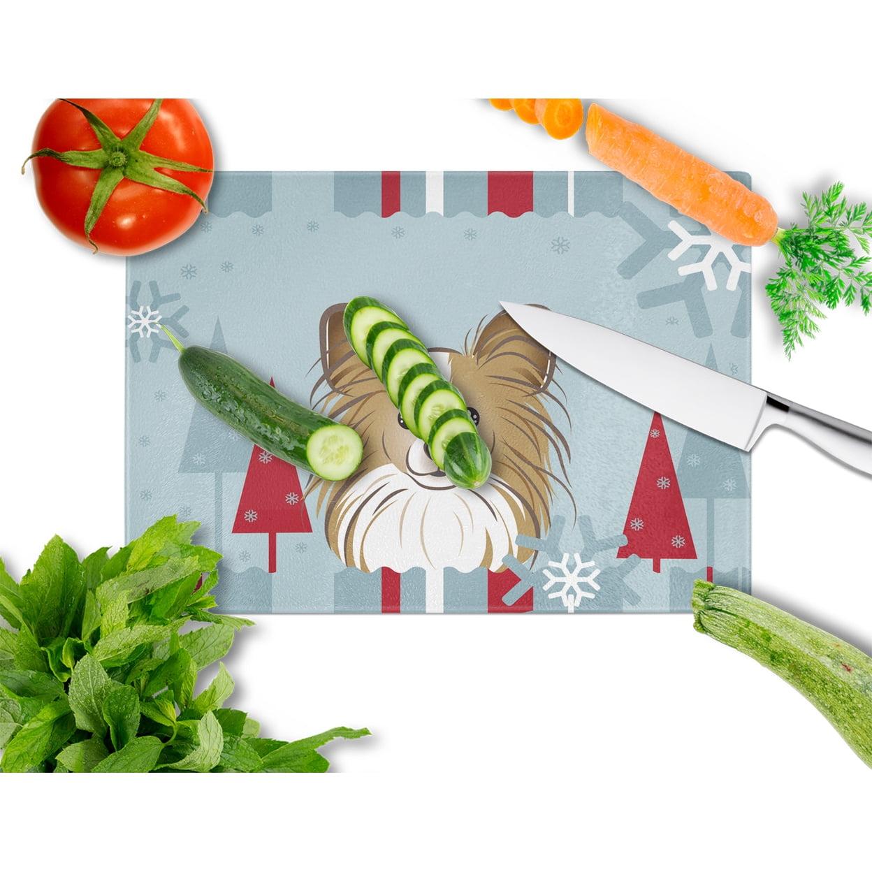 Caroline's Treasures Winter Holiday Papillon Glass Cutting Board Large