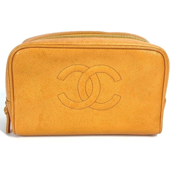 Pre-Owned CHANEL CC Coco Mark Logo Second Bag Pouch Caviar Leather Women's Yellow
