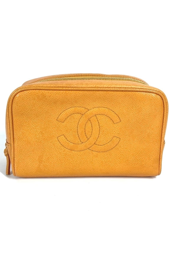 Pre-Owned CHANEL CC Coco Mark Logo Second Bag Pouch Caviar Leather Women's Yellow