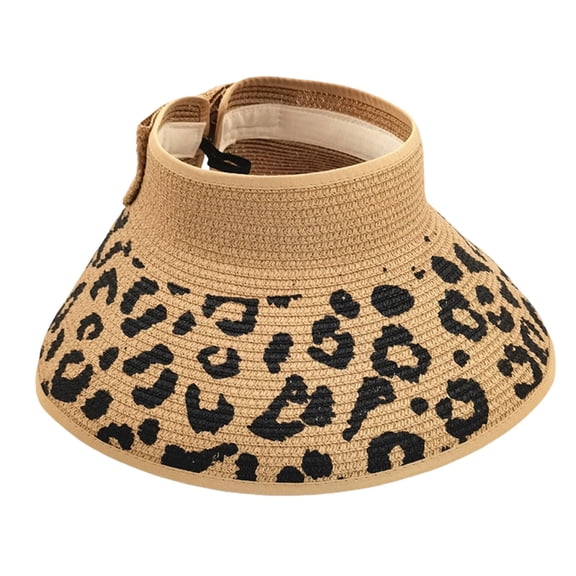 Women’s Straw Sun Visor Leopard Print With Adjustable Back Strap Wide Brim Sun Protection Hat