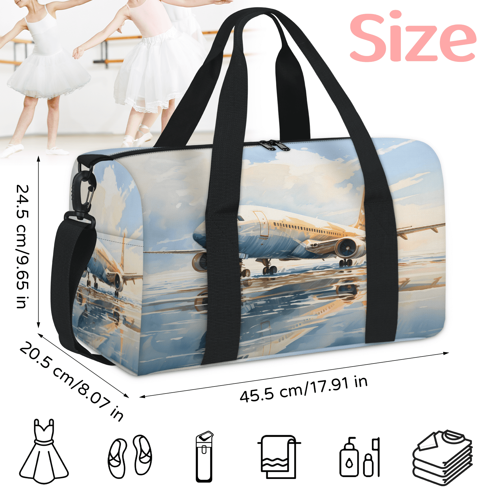 Herdesigns Airplane Airport Travel Duffle Bag Sports Yoga Weekender Overnight Carry on Workout Bags Lightweight Waterproof Gym Tote Bag for Women