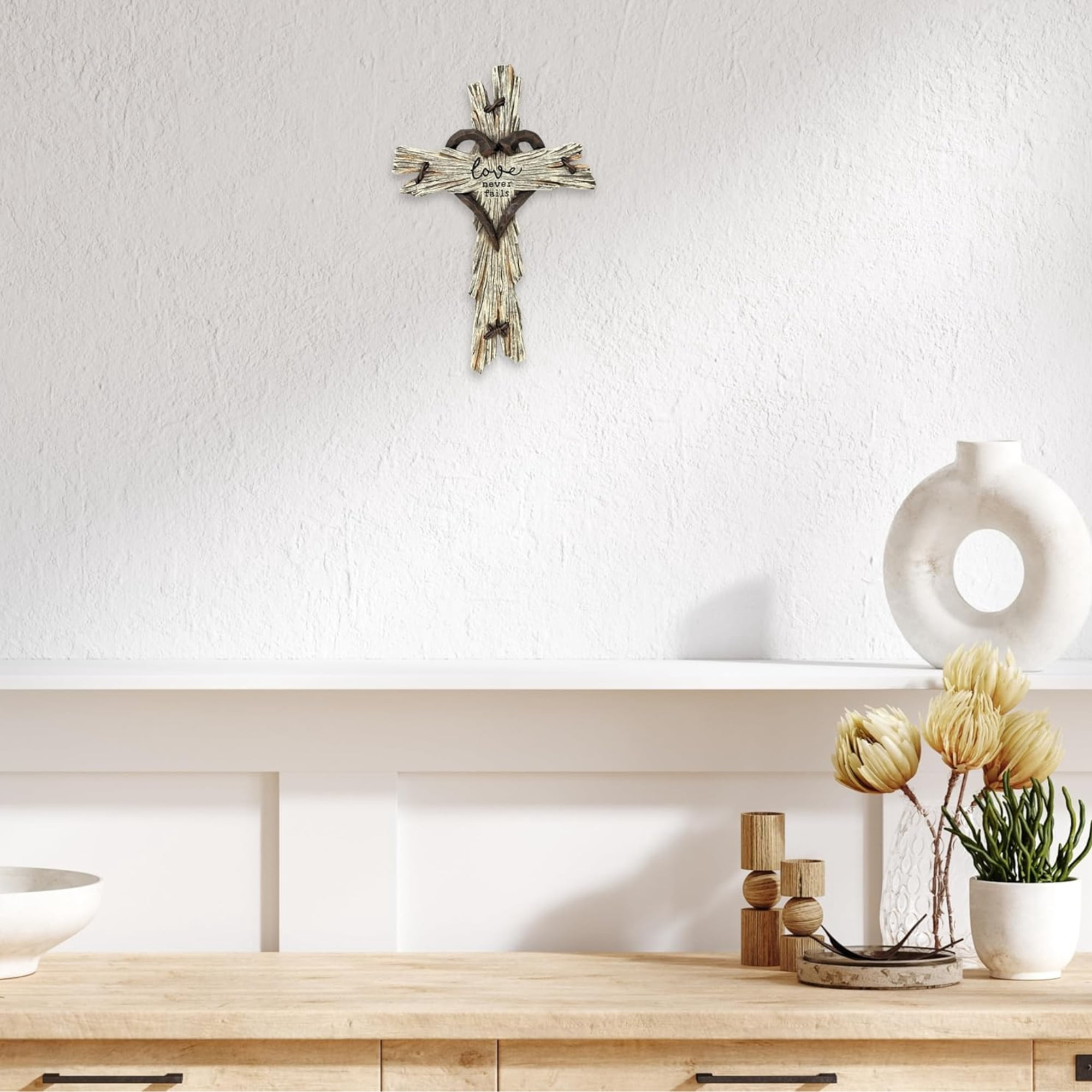 Rustic Driftwood Look Wall Cross with Heart at the Center and Engraved "Love Never Fails" – Premium Resin Religious Décor for Home, Church, or Office, Symbolizing Faith & Love, Easy Wall Mount Design