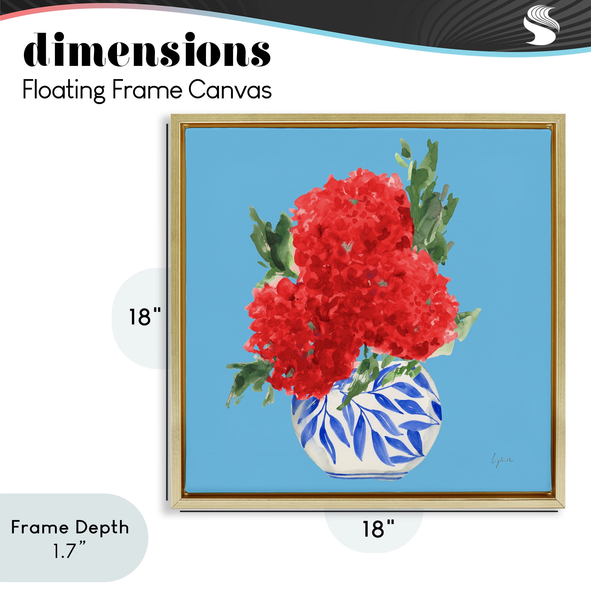 Stupell Industries Red Hydrangeas Blue Vase Gold Framed Floater Canvas Wall Art, design by Lucille Price
