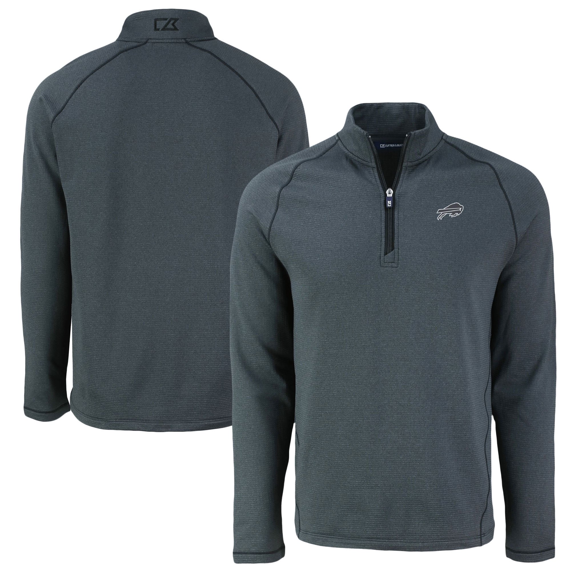 Men's Cutter & Buck Heather Black Buffalo Bills Peshastin Eco Fleece Tri-Blend Raglan Recycled Quarter-Zip Jacket