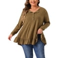 thumbnail image 1 of Tops de túnica de mujer plus size Agnes Orinda, con botones, cuello en V, mangas largas, dobladillo con volantes, blusas fluidas 1X marrón, 1 of 8