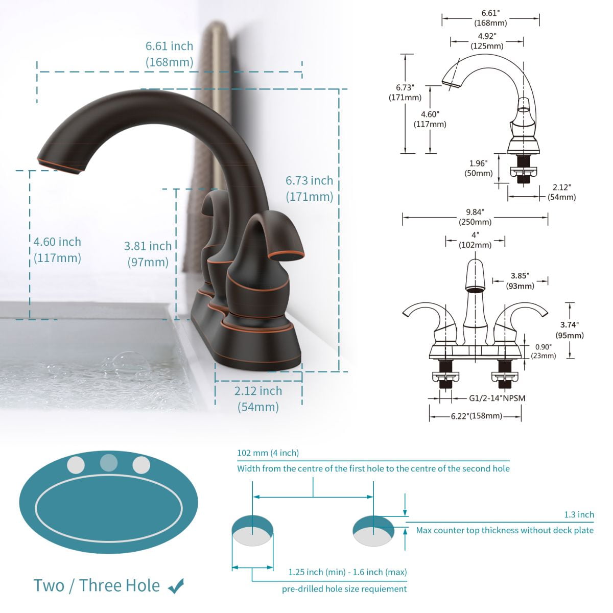 Bathroom Faucet 2-Handle Oil Rubbed Bronze with Aerator, Swan Style 4-inch Centerset Vanity Sink with Pop-Up Drain and Supply Hoses