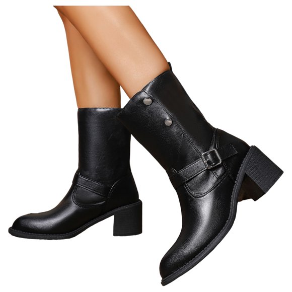 Womens Fall Mid Calf Cowboy Boots Black Leather Buckles Studded Pointed Toe Chunky Block High Heel Oxfords Shoes Cowgirl Work Short Booties