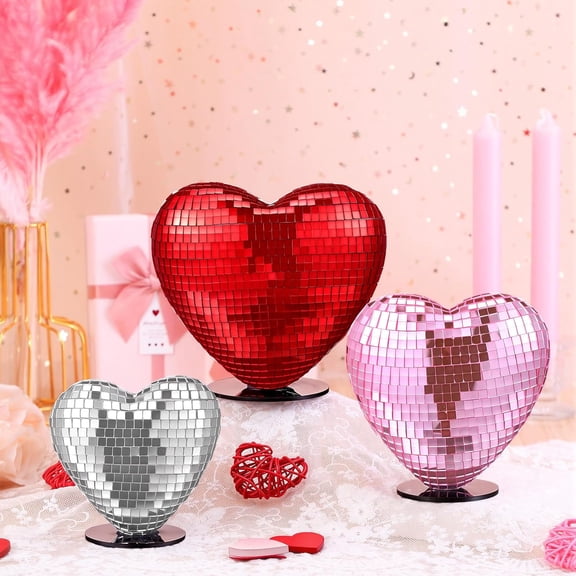 3 Pcs Valentine‘s Day Disco Heart Table Decorations 6" 5" 4" Disco Mirror Heart Table Centerpiece Glitter Red Pink Silver Tabletop Decor for February 70s Wedding Anniversary Party Supplies