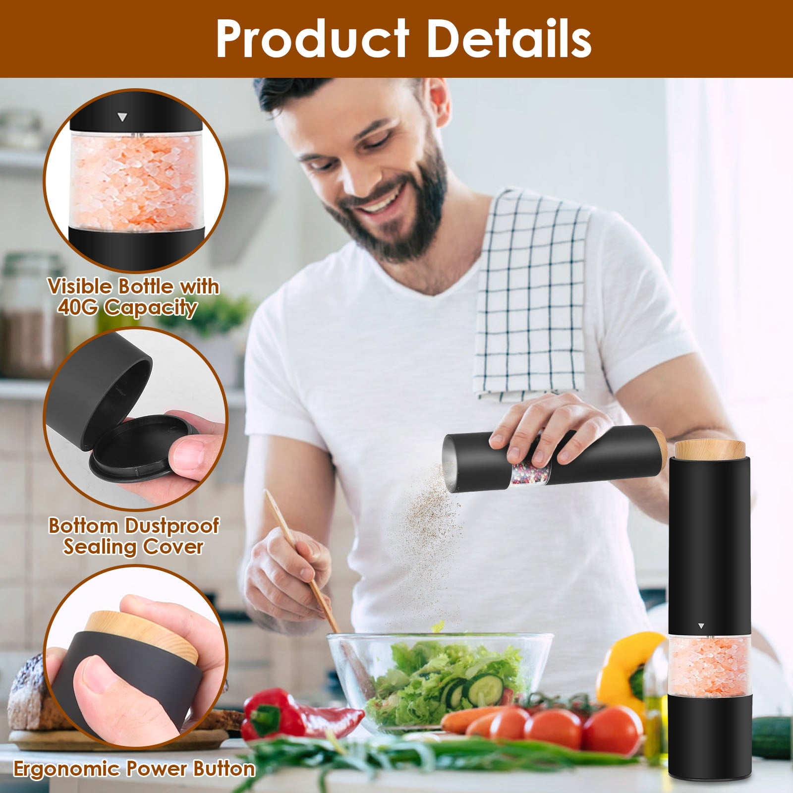 2Pack Automatic Salt Pepper Mill Grinder Electric Salt and Pepper Grinder Set Battery Powered with LED Light Adjustable Coarseness for Kitchen Black