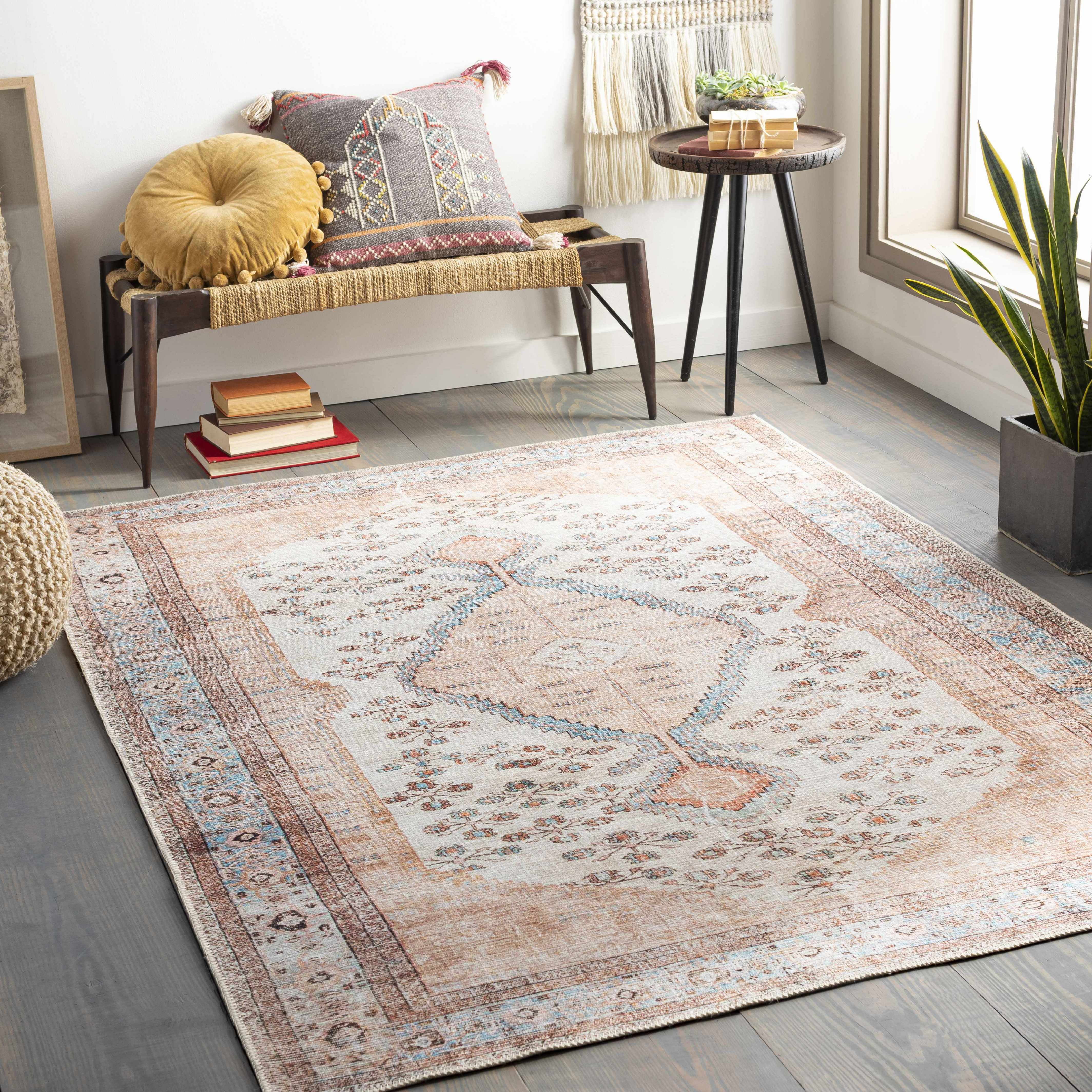 Hauteloom Moora Boho Vintage Distressed Runner Rug - Machine Washable Traditional Medallion Area Rug for Hallway, Kitchen - Tan, Peach, Blush - 2'7" x 10'