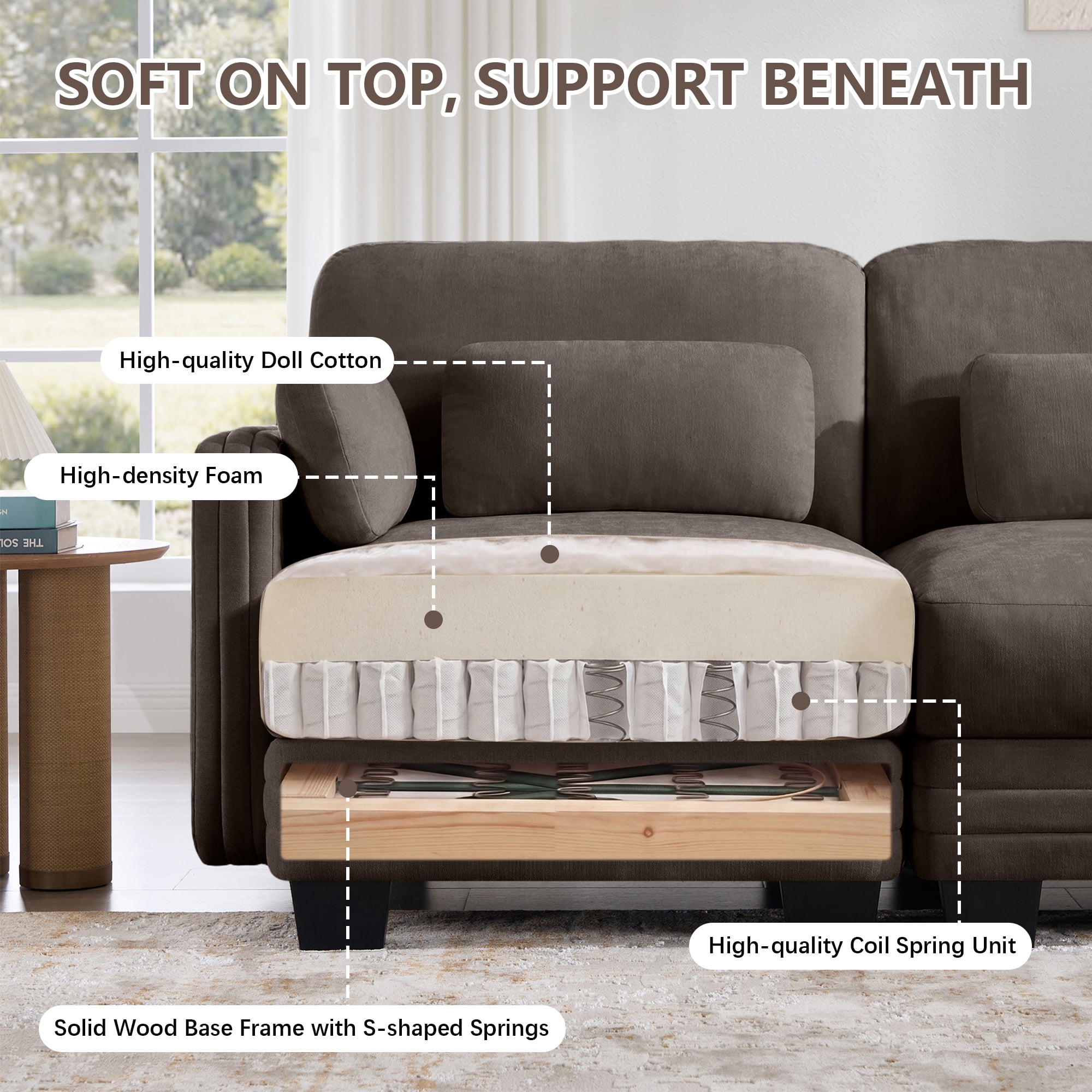 100" Modern Modular 3 Seater Sofa Couch with 5 Pillows
