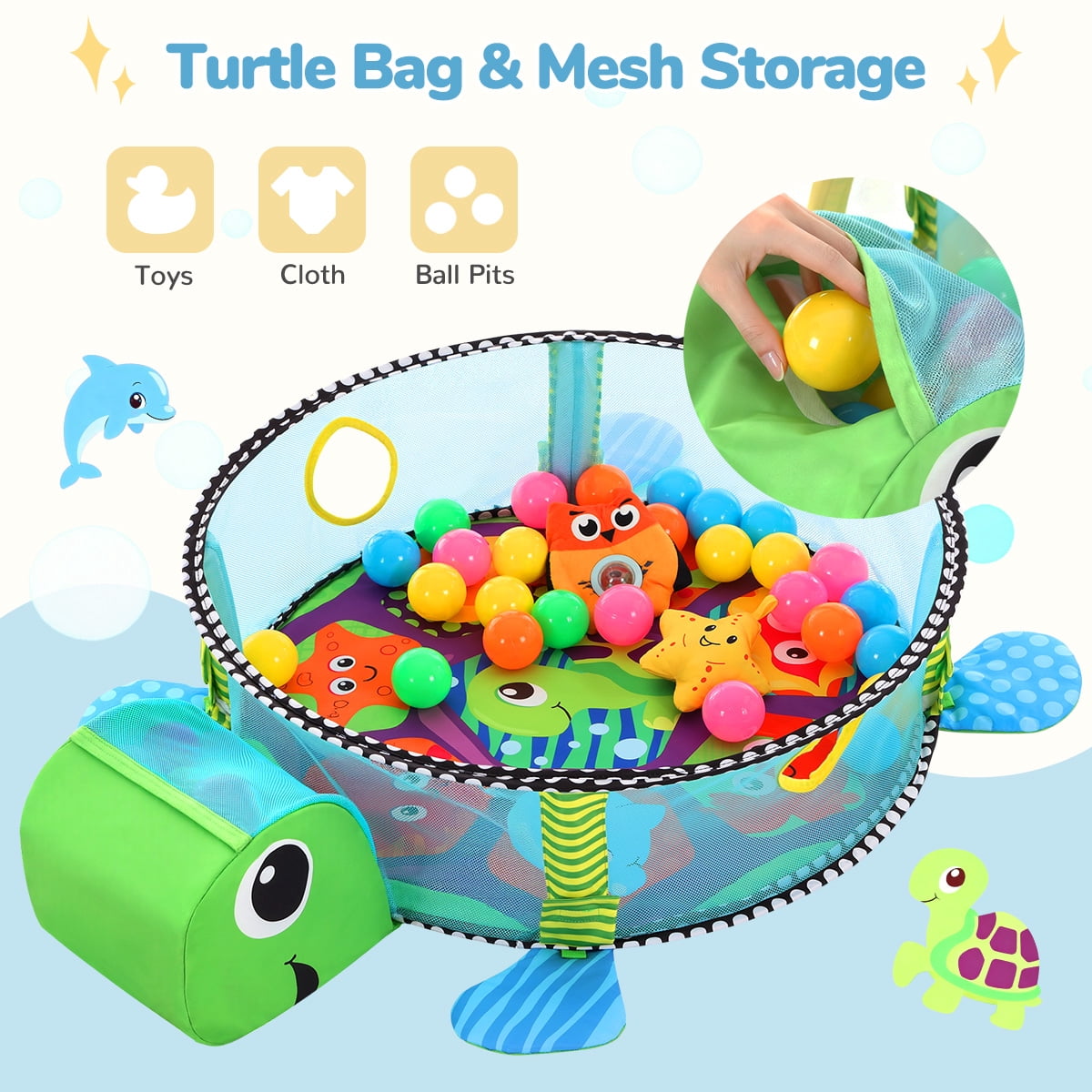 Baby Play Mat, Caveen 3 in 1 Baby Play Gym Activity Mat, with Hanging Toys and Ocean Balls, for Infants Toddlers, Blue Turtle