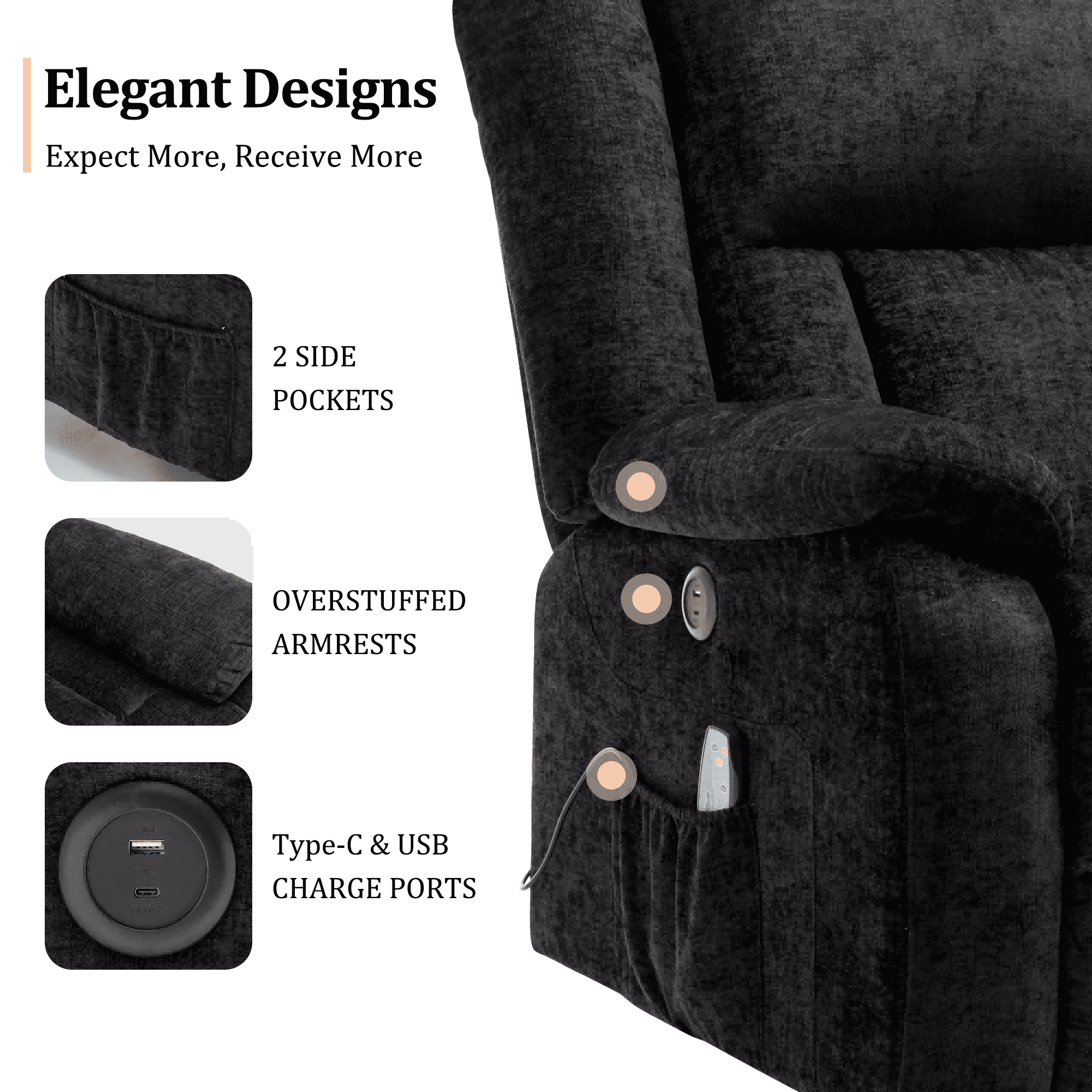 Korser Massage Swivel Rocker Recliner Chair with USB Ports Chenille for Living Room,Black