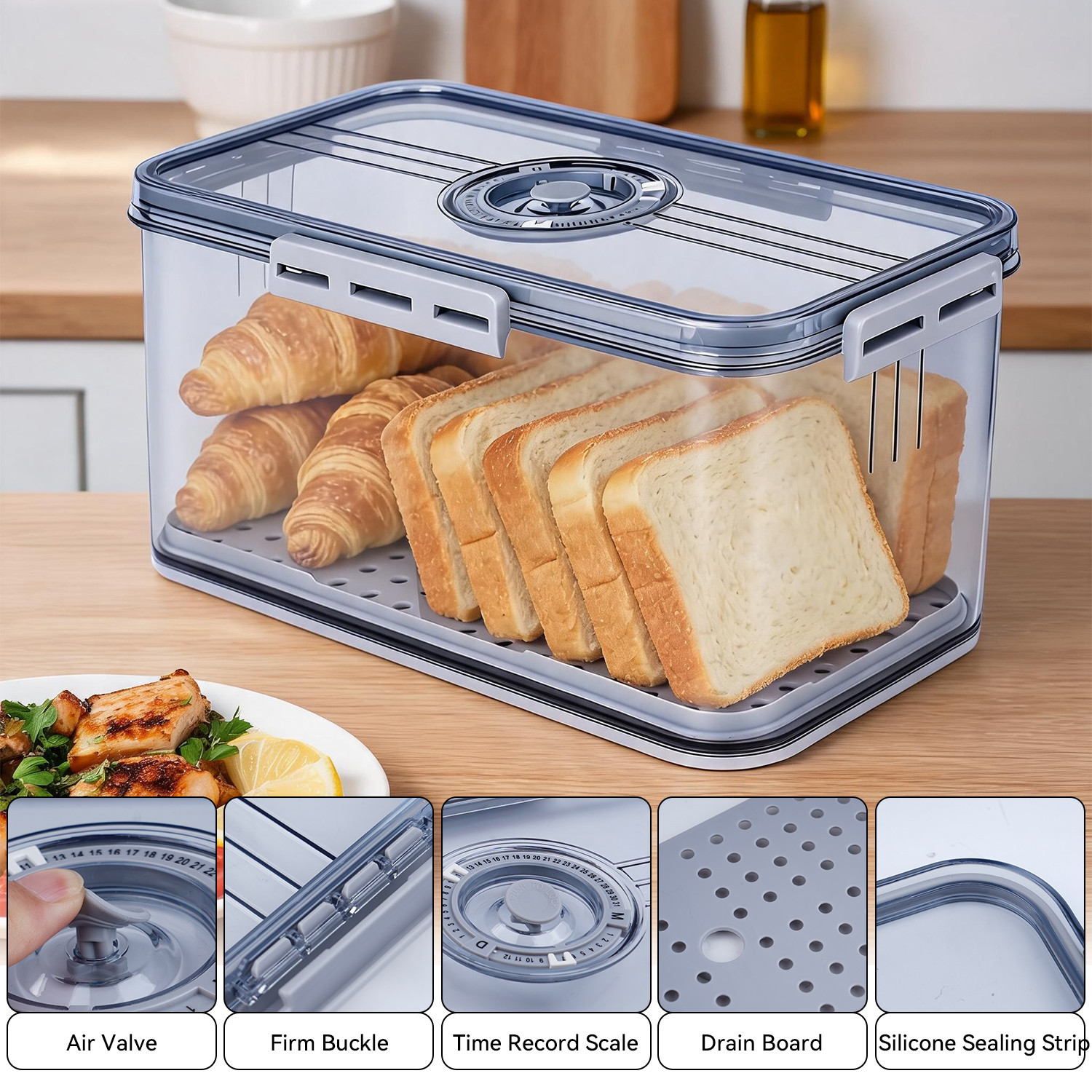 JUNLIN Airtight Bread Box with Time Recording, Grey photo 2
