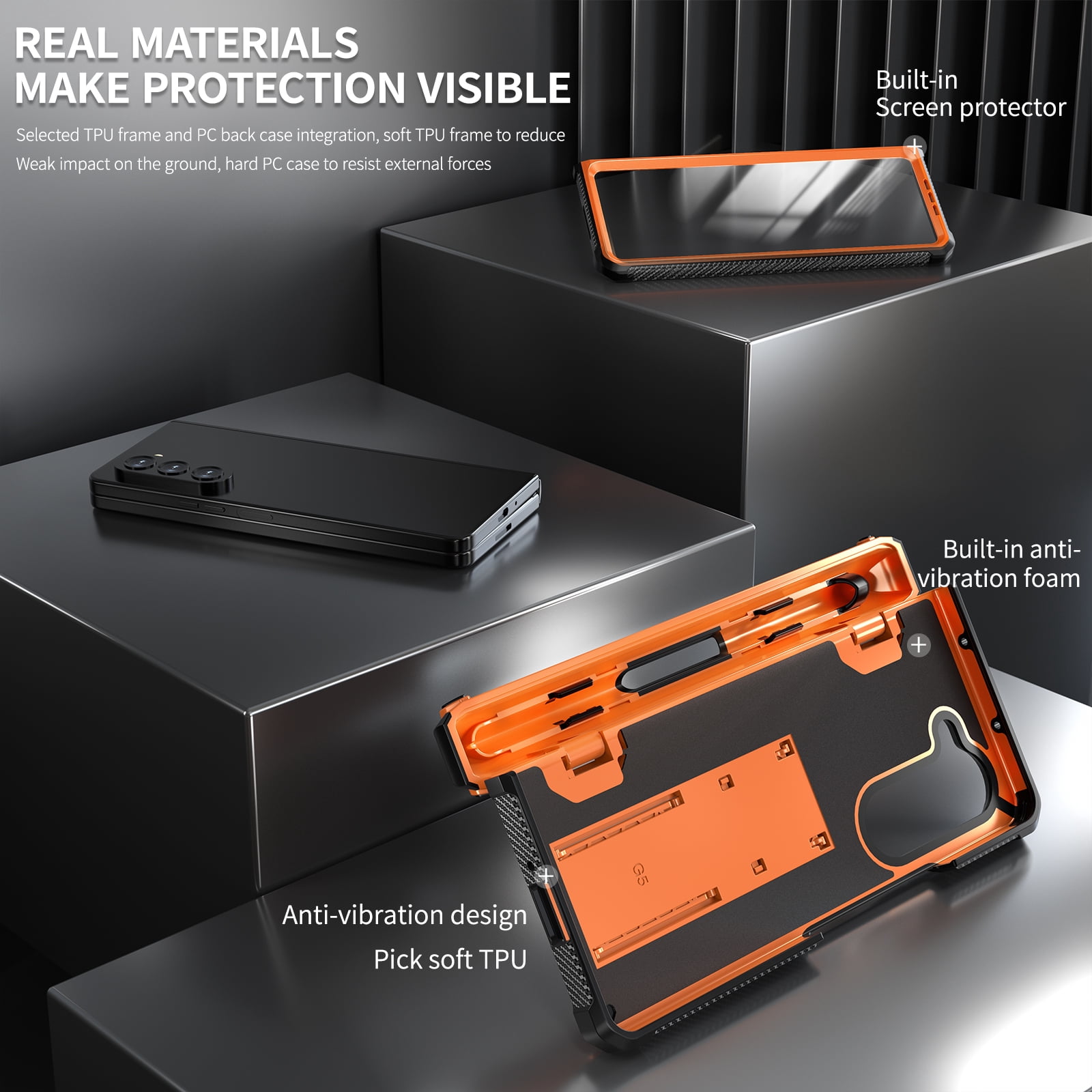 Cowithday for Samsung Galaxy Z Fold 5 Phone Case 2023 7.6", with S Pen Holder & Kickstand & Screen Protector [Wireless Charging], Hinge Protection  Stand Hard Rugged Soft TPU Bumper Cover, Orange