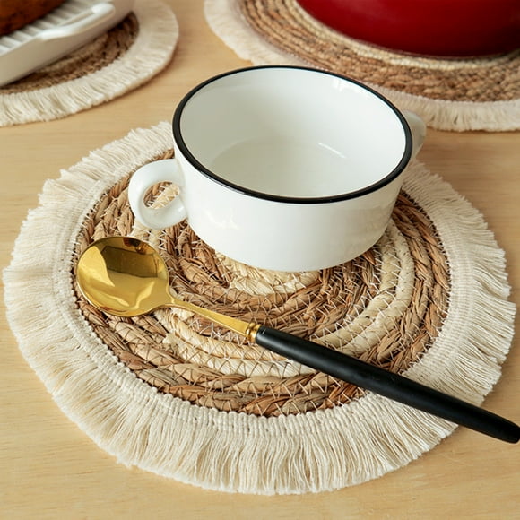 TopLLC Kitchen Gadgets, Kitchen Accessories, Kitchen Utensils Tassel Placemats Japanese Style Straw Cattails Heat Insulating Mats Woven Round Non Slip AAnd Non Scald Table Mats Cotton rope placemat