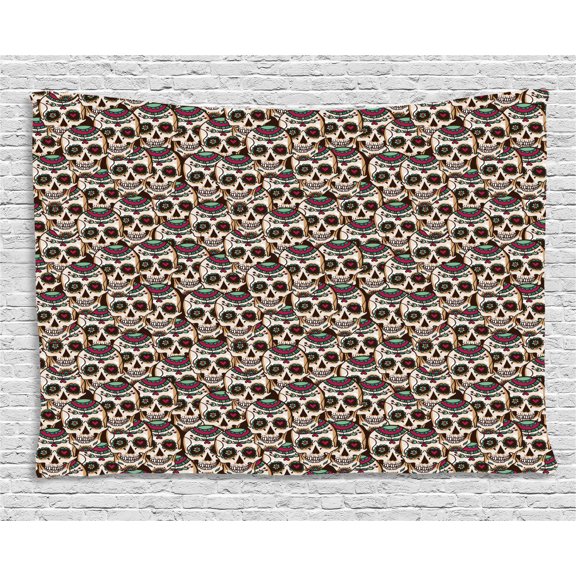 Sugar Skull Tapestry, Continuous Pattern with Jumbled and Overlapped Skulls Ornamented with Flowers, Wall Hanging for Bedroom Living Room Dorm Decor, 60W X 40L Inches, Multicolor, by Ambesonne