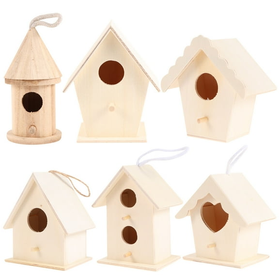 Jiandong Wooden Small House 6 Unfinished Wooden Bird Houses for DIY Crafts - Mixed Styles(3.74X3.54X2.36Inch)