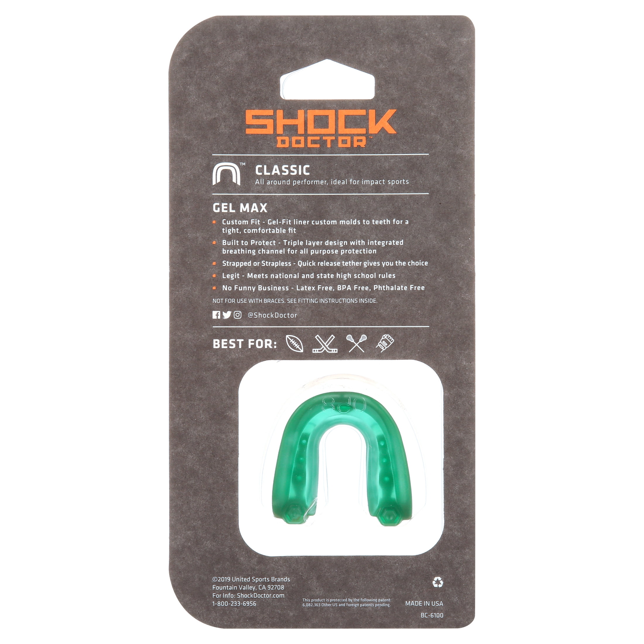Shock Doctor, Gel Max Mouthguard, Adult, Green