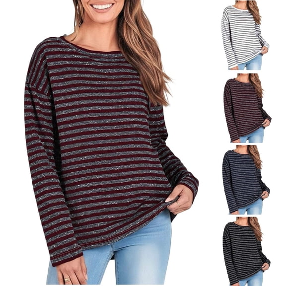 Lenago Women's T-shirt Long Sleeve Striped Basic Slim Fit Top Casual Crew Neck Tops Plus Size Available S-XXL