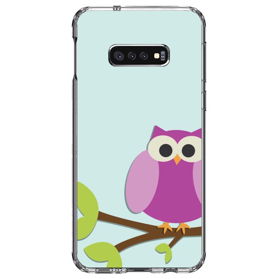 DistinctInk Clear Shockproof Hybrid Case for Samsung Galaxy S10e (5.8" Screen) - TPU Bumper, Acrylic Back, Tempered Glass Screen Protector - Pink Owl Cartoon - Cartoon Owls