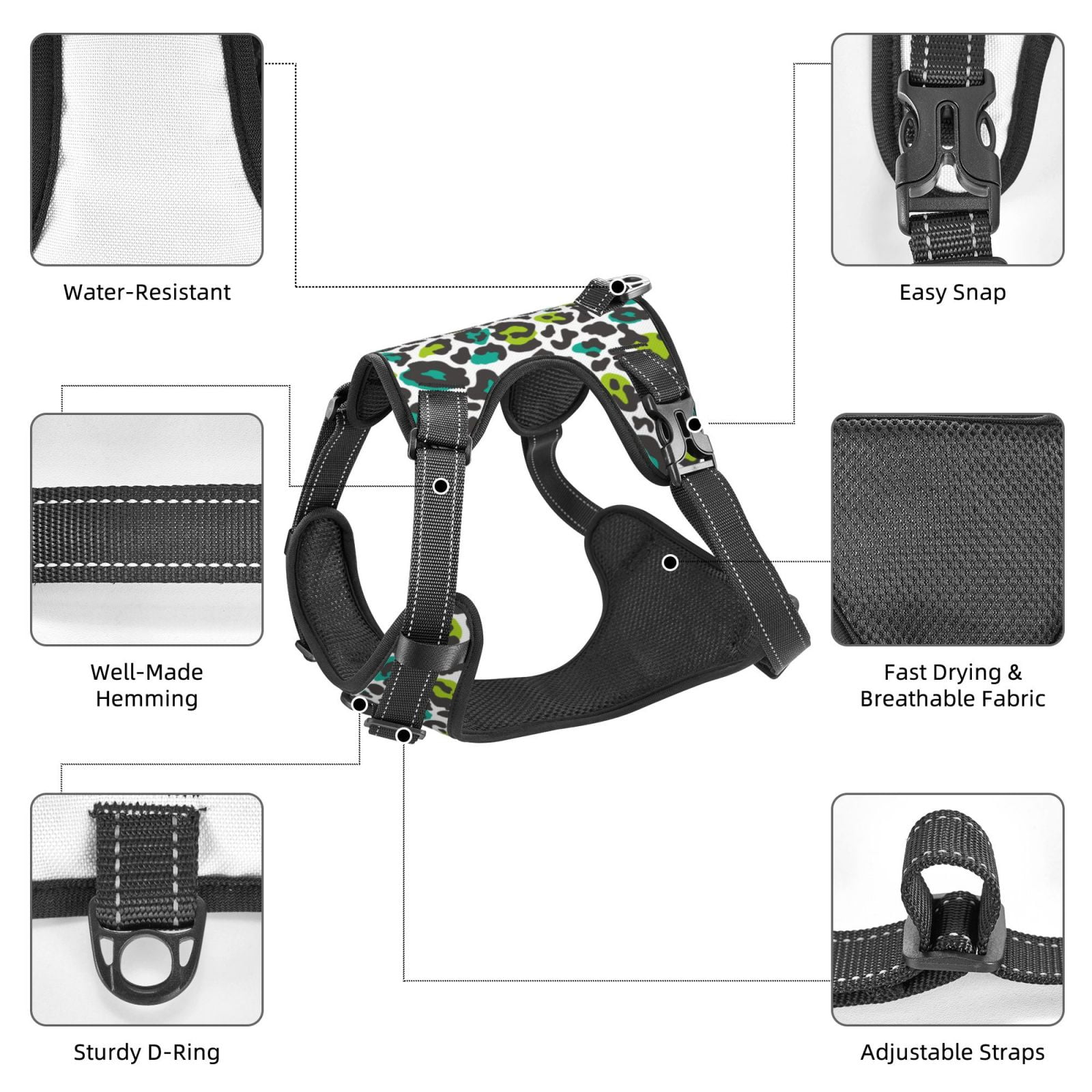 Vsdgher Green Leopard Pattern Dog Harness,No Pull Pet Harness with Soft Padded Handle,Adjustable Reflective Vest with 2 Buckles,4 Slide Buckles,S-XL
