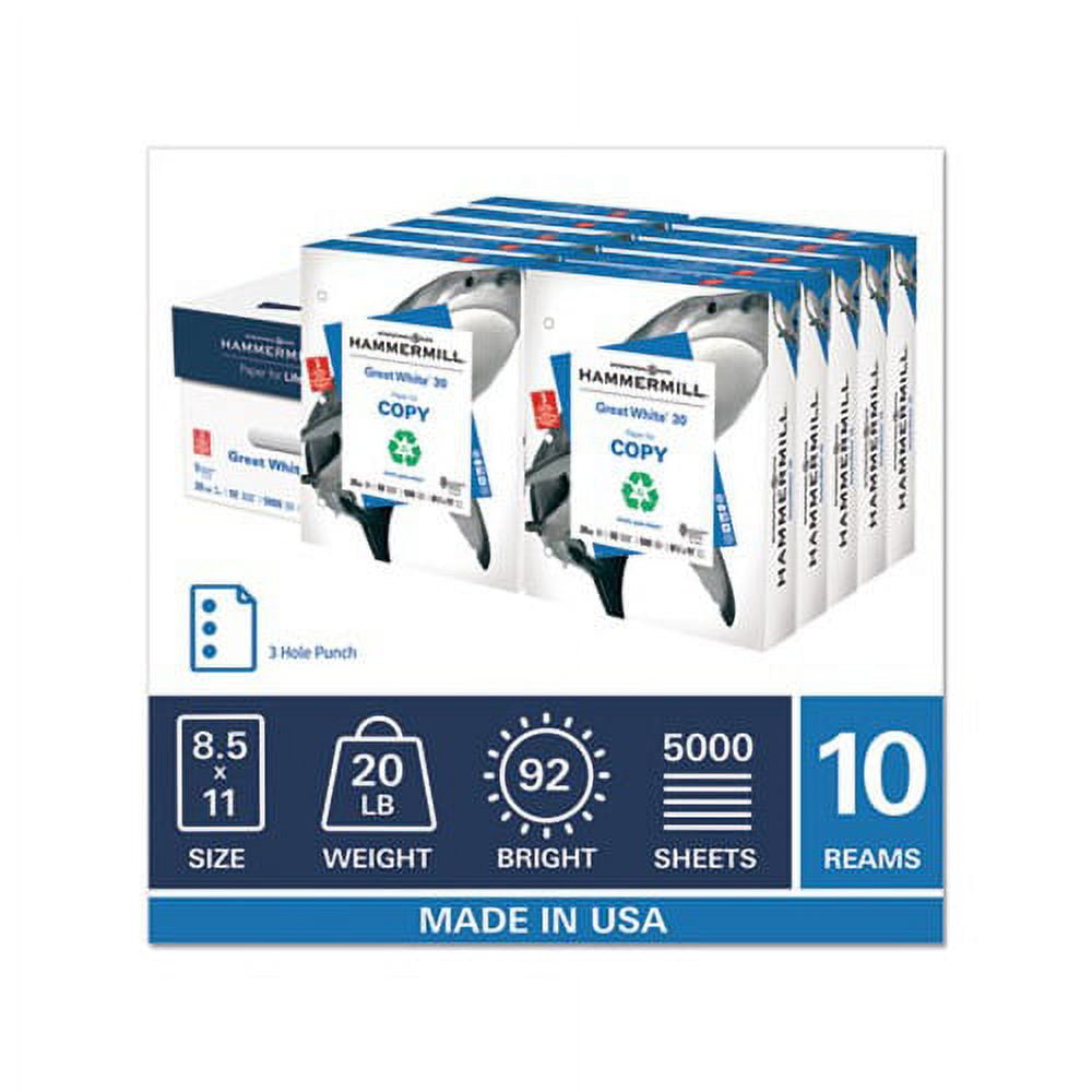 Great White 30 Recycled Print Paper 92 Bright, 3Hole, 20lb, 8.5 x 11, White, 500 Sheets/Ream, 10 Reams/Carton