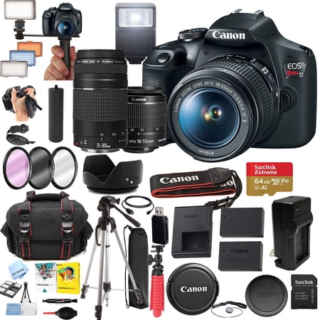 Canon EOS Rebel T7 DSLR Camera with 18-55mm and 75-300mm III Lenses, 24.1MP, 64GB SD Card, Slave Flash, LED Light, Tripod & Accessory Bundle (International Version)