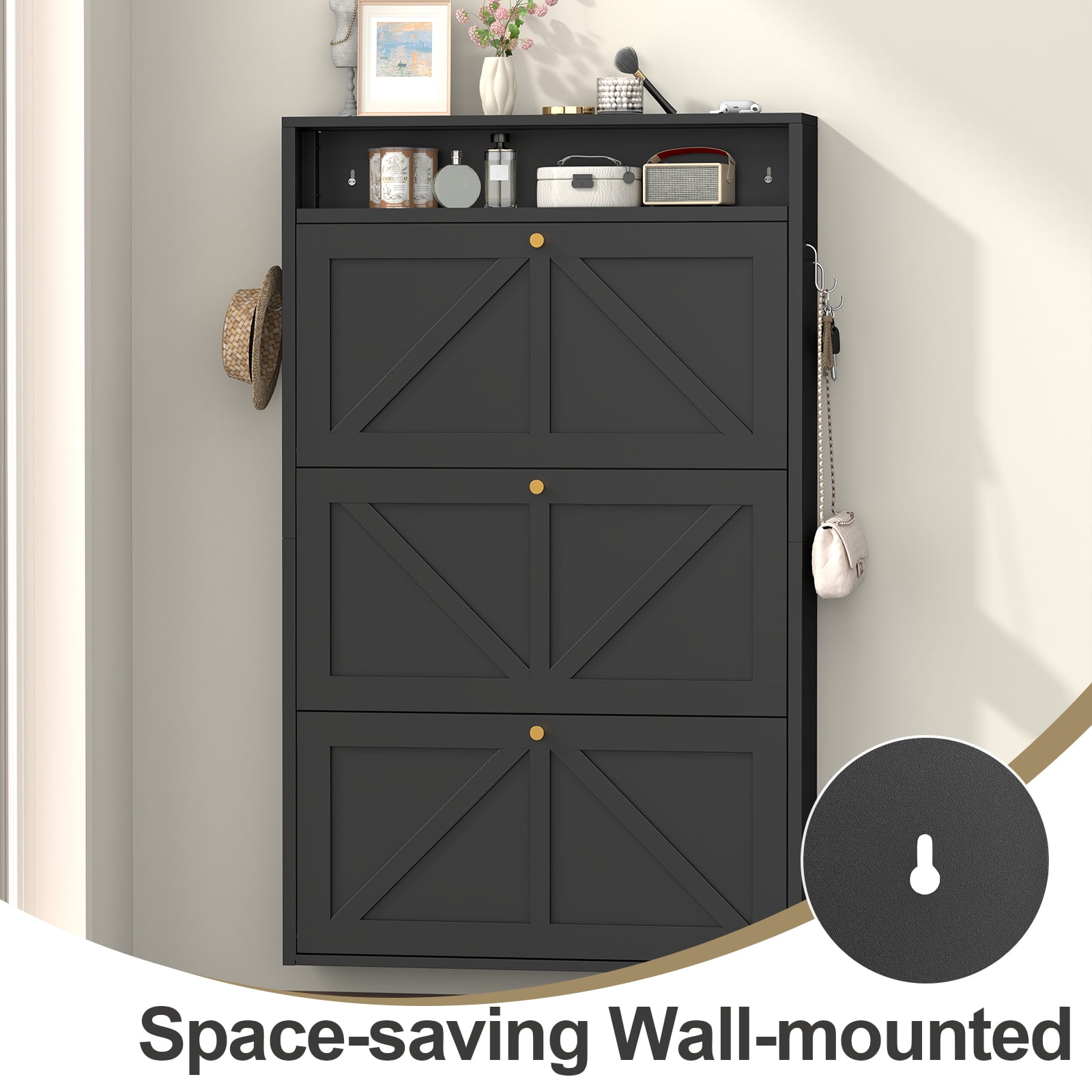 Aisword Modern Metal Shoe Cabinet with 3 Flip Drawers & Open Shelf,Narrow Slim Wall-Mounted Hidden Shoe Organizer Shoe Rack for Entryway,Black