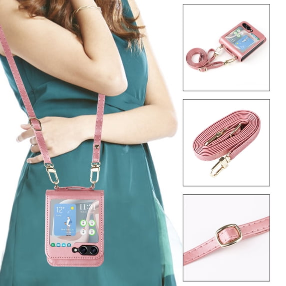 ELEHOLD Samsung Galaxy Z Flip5 Wallet Crossbody Case, Premium PU Leather Cards Holder Shockproof Protective Shoulder Strap Leather Phone Case for Samsung Galaxy Z Flip5 2023 - Pink