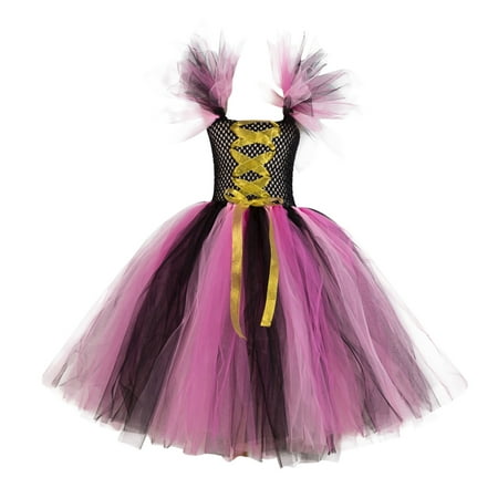 

jsaierl Kids Girls Halloween Fashion Cute Stitching Color Frenulum Mesh Hollow Out Princess Dress 2-12Y