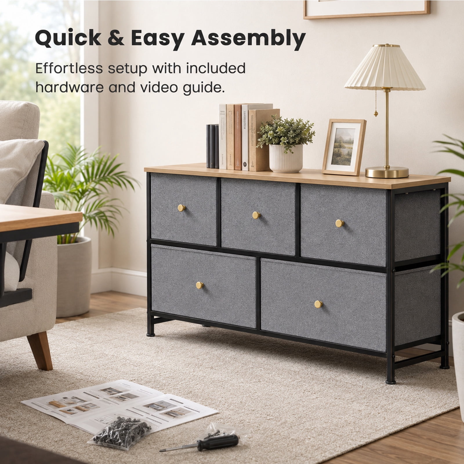 Alvantor 5/7 Drawer Fabric Dresser, Storage Tower for Bedroom and Closet, Chest of Drawers with Sturdy Steel Frame & Wooden Top for Living Room, Entryway
