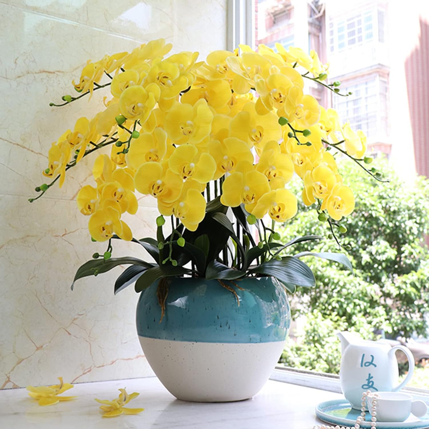 3Artificial Phalaenopsis Flowers with Leaves Artificial Orchid Flowers Stem Plants Fake Butterfly Phalaenopsis Flowers for Home Wedding Party Décor (Yellow)
