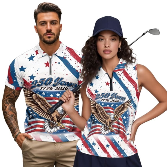 Jeiento 250 Years Eagle Matching Golf Shirts for Couples Womens Tennis Tank Tops Slim Fit Short Sleeve Mens Athletic Shirts Matching Activewear Set Sportswear for Couples, Women's XS