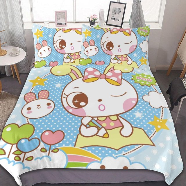 HAHDAXIA Cartoon Rabbit Bedding Solid Comforter Set for All Seasons 3 Pieces(1 Comforter+2 Pillowcases) Soft Microfiber Bedding Set King(102"x90")