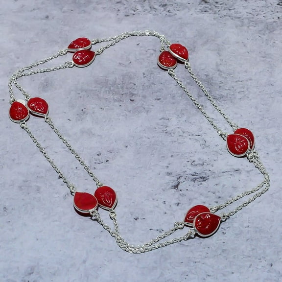 Natural Red Carnelian Gemstone Handmade 925 Sterling Silver Necklace 18"