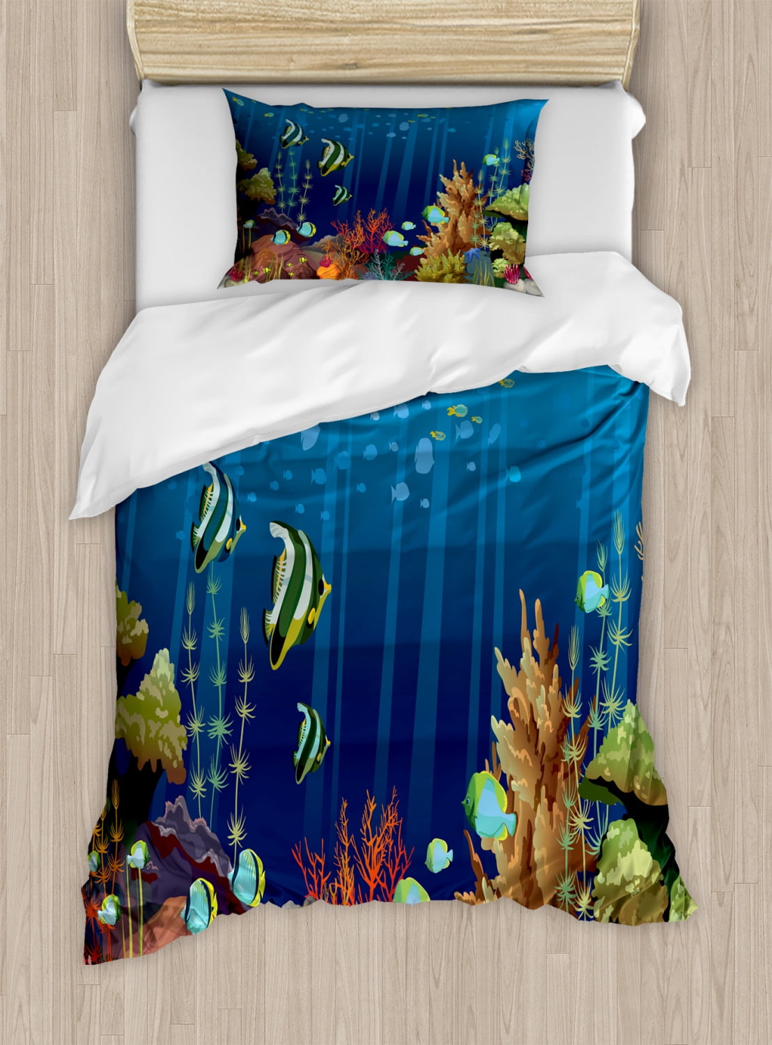 Under the Sea Twin Size Duvet Cover Set, Coral Reef with Sea Creatures