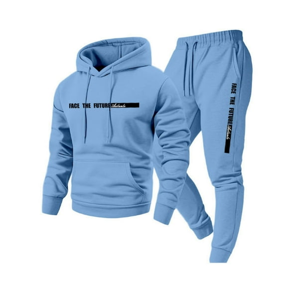 Nokdvo Men’s Sweatsuit Fashion Fleece Letter Print Drawstring Hoodie and Sweatpants Fall Winter Hooded Solid Color Ribbed Sweatsuit Sets with Pocket,Light Blue L
