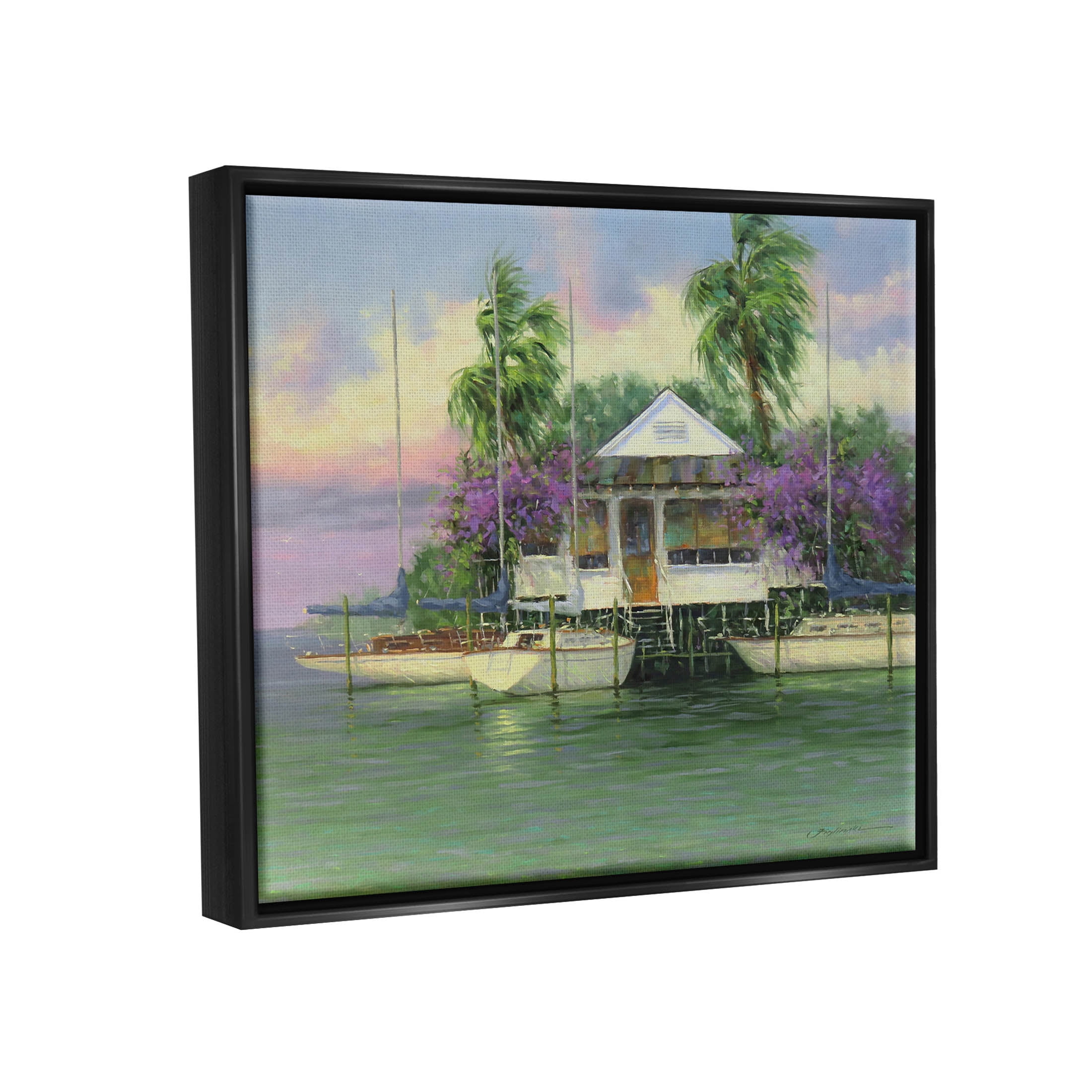 Coastal Boat Dock Tropical Palms Landscape Painting Jet Black Framed Art Print Wall Art