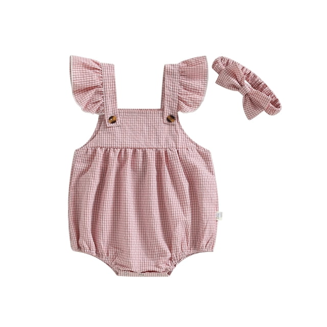 Kmbangi Barboteuse Courte pour Fille, Manches Volantes d'Été Col Carré à Carreaux + Bandeau Décontracté pour Fête Rue 0-3 Ans
