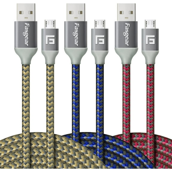 Micro USB Cable 10ft,Fasgear 3 Pack Fast Charging Android Charger USB 2.0 High Speed Data Transfer Nylon Braided Compatible for Galaxy S7, PS4, Speaker, Micro USB Devices,3m(Blue,Gold,Rose)