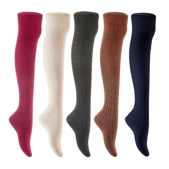 Lian LifeStyle Women's 5 Pair Adorable Comfortable Soft Thigh High Over Knee High Cotton Socks Size 6-9 L1024 Wine,Cream,Black,Coffee,Navy