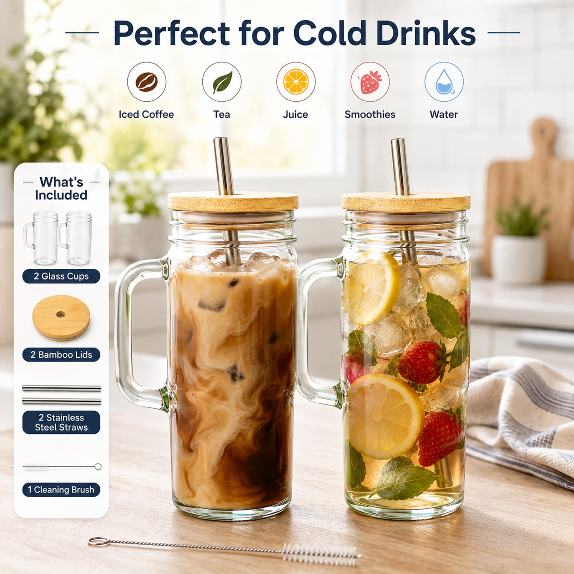 2-Pack Glass Tumbler Cups with Handles, Bamboo Lids, Stainless Steel Straws and Cleaning Brush for Iced Coffee and Cold Drinks