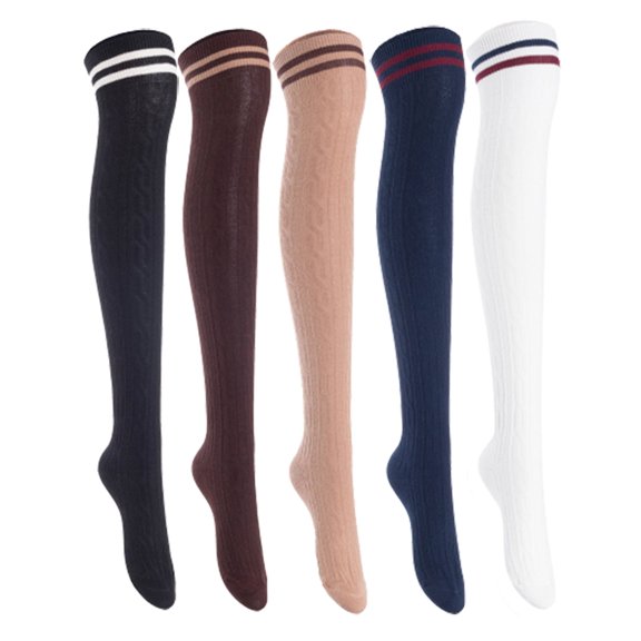 Lian Lifestyle Women's 5 Pairs Incredible Durable Super Soft Unique Over Knee High Thigh High Cotton Socks, Size US 6-9, JMYP1023 Black, Coffee, Khaki, Navy, White