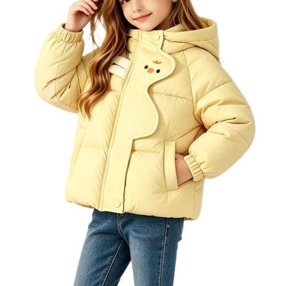CYRBOKO Girls Puffer Jackets Size 7-8, Long Sleeve Thermal Full Zip Cute Hooded Winter Outerwear Yellow