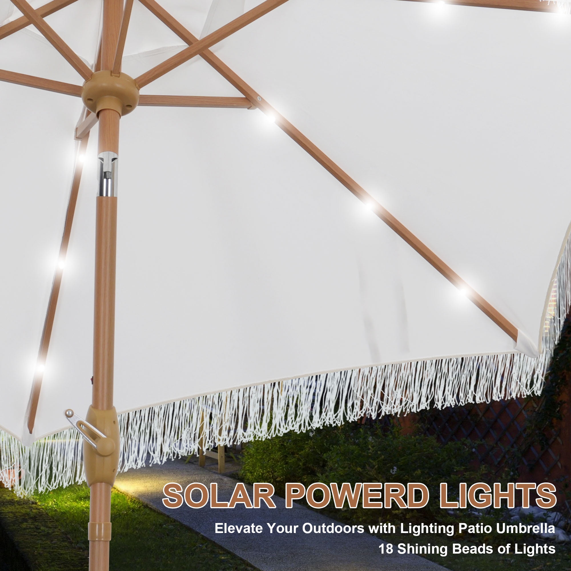 Ainfox 7.5 ft Boho Fringe Patio Umbrella with LED Solar Lights,Waterproof Outdoor Tassels Umbrella for Deck, Table, Garden, White