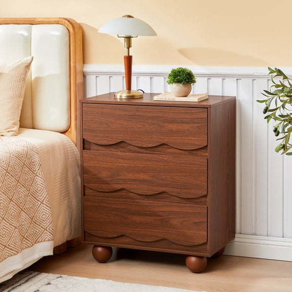 WIRRYTOR Modern Wave Front 3 Drawer Nightstand and Storage Dresser, Scalloped Bedside Table with Solid Wood Ball Leg for Bedroom Living Room, Walnut