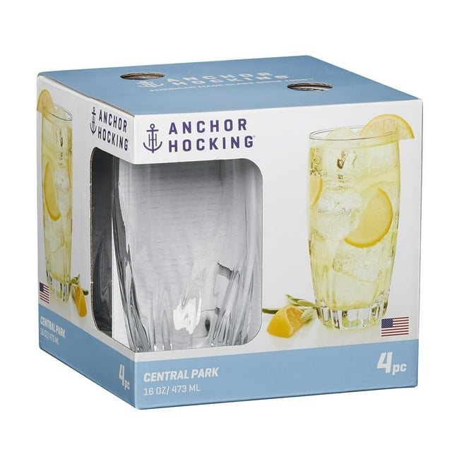 Box of Anchor Hocking 4-piece Central Park drinkware set featuring one clear 16 oz glass and an image of a filled iced beverage with lemon slices.